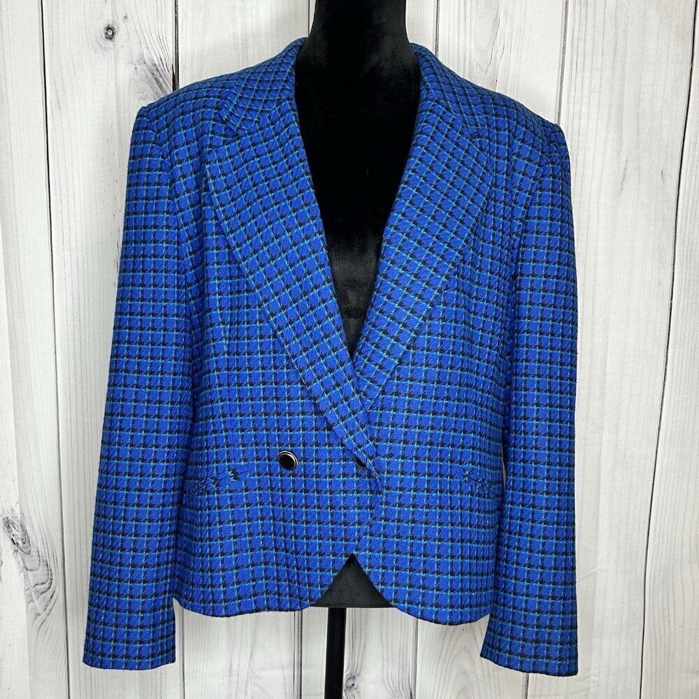 Vintage Pendleton Wool Blazer Jacket Plaid Women’s Blue Black Sz Large USA